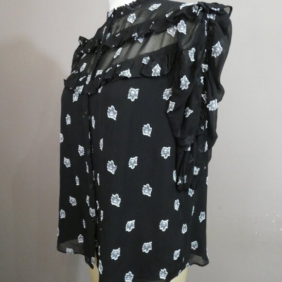 Shoshanna Women's M Terra Top Black Semi Sheer Floral Button Up Ruffle Detail - Picture 4 of 11